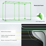 Green metal frame with text detailing its components on a white background