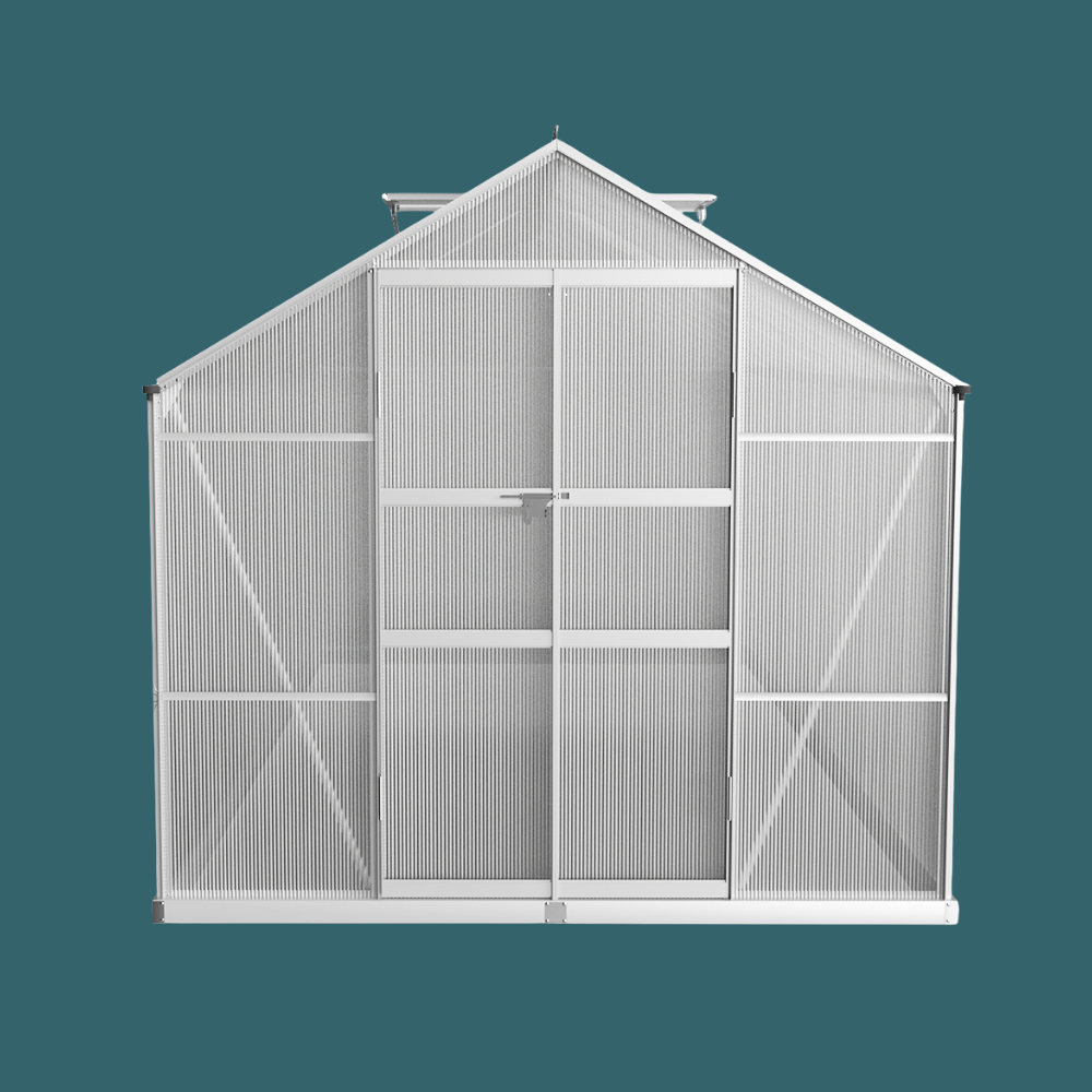 White greenhouse structure on a teal background