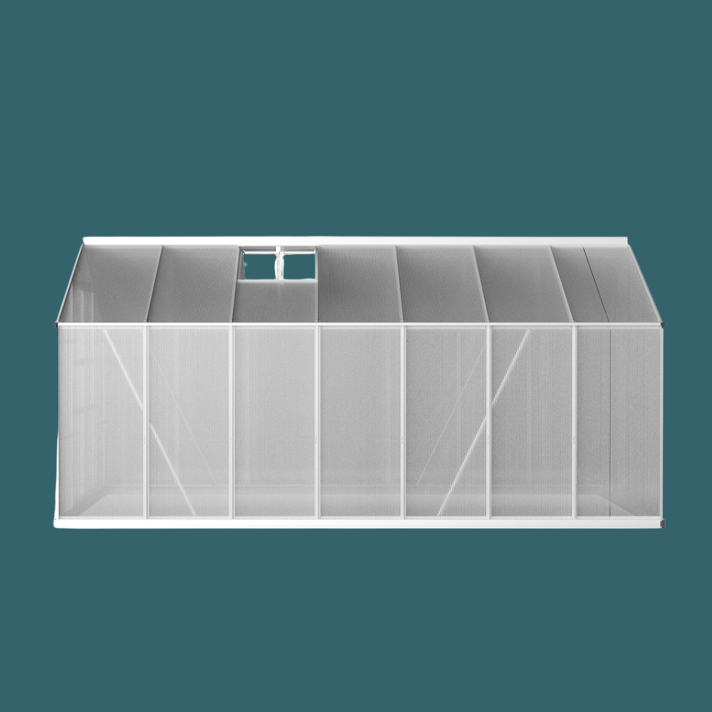White greenhouse with transparent roof on a teal background
