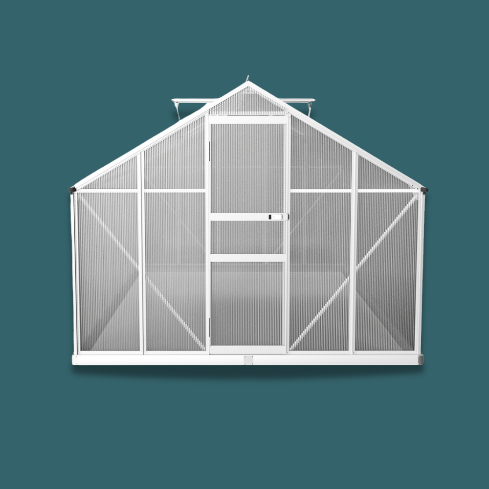 White greenhouse structure on a teal background