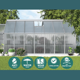 Greenhouse with plants and features icons on a grassy area