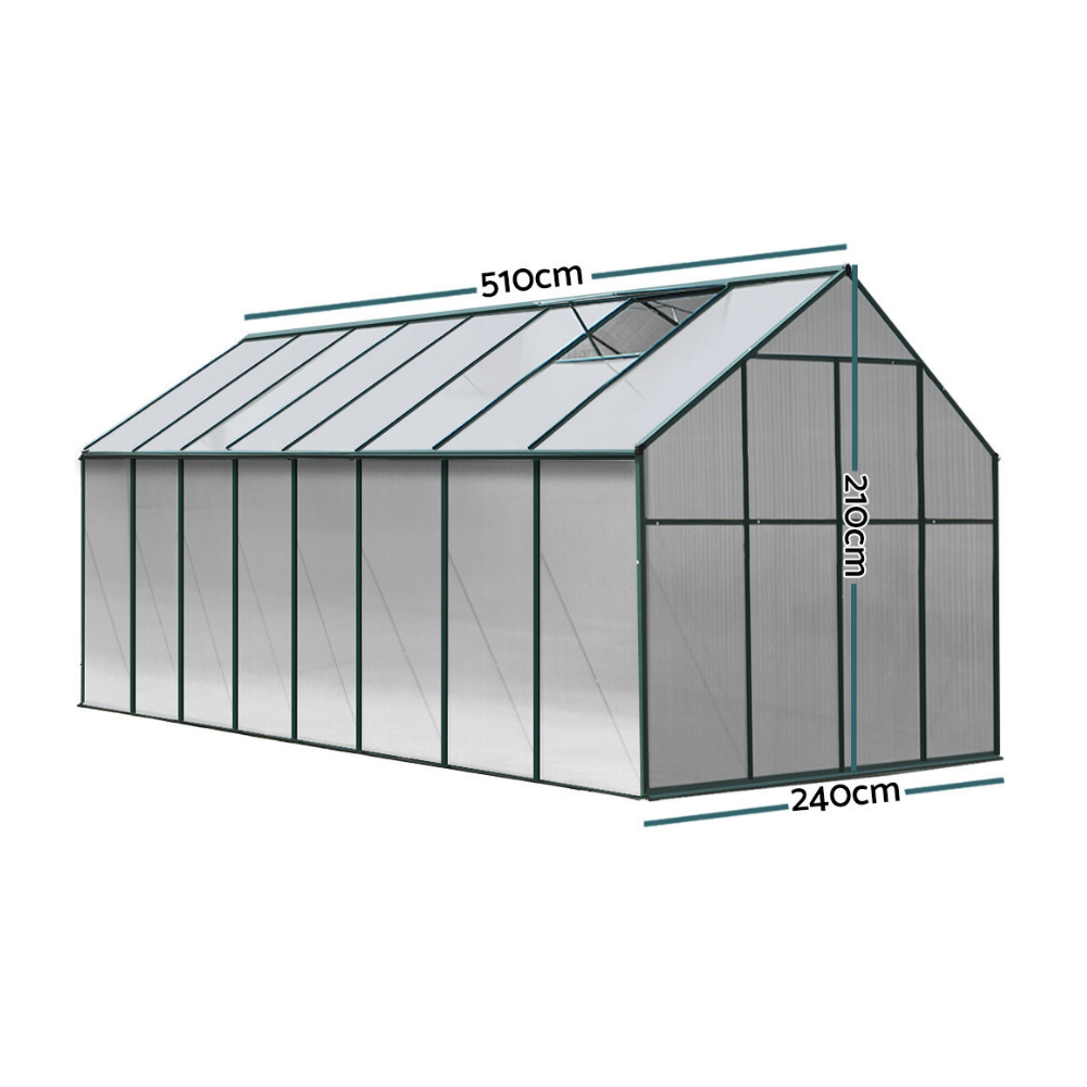 Diagram of a greenhouse with dimensions labeled on a white background