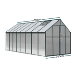 Diagram of a greenhouse with dimensions labeled on a white background