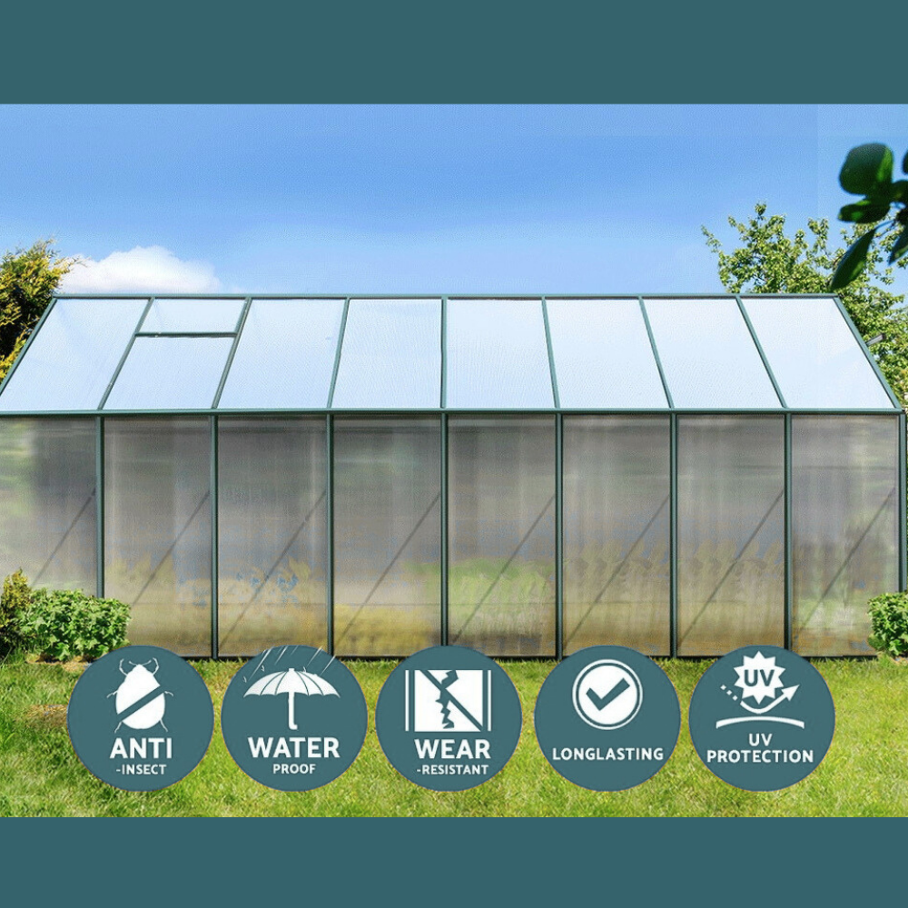 Greenhouse with features highlighted on a clear day