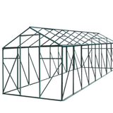 Greenhouse structure with metal frame and transparent panels on a white background