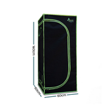 Black grow tent with green edges and dimensions on a white background