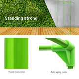 Green metal stand with text highlighting sturdiness and design features on a white background.