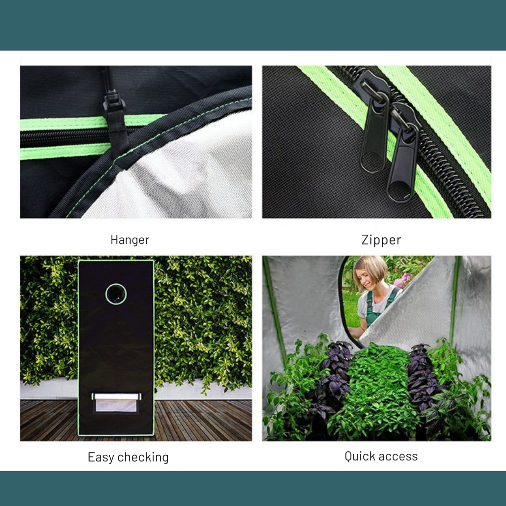 Collage of images showing a hanger, zipper, easy checking feature, and quick access feature with a background of plants.