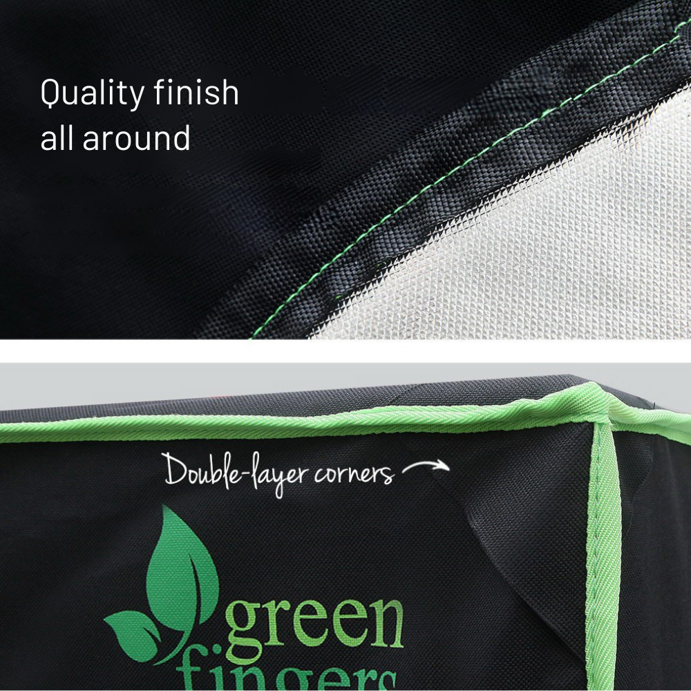 Close-up of a product with 'Green Fingers' branding, highlighting quality finish and double-layer corners.