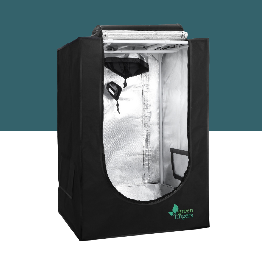 Black grow tent with clear front panel on a teal and white background, featuring 'Green Fingers' branding.