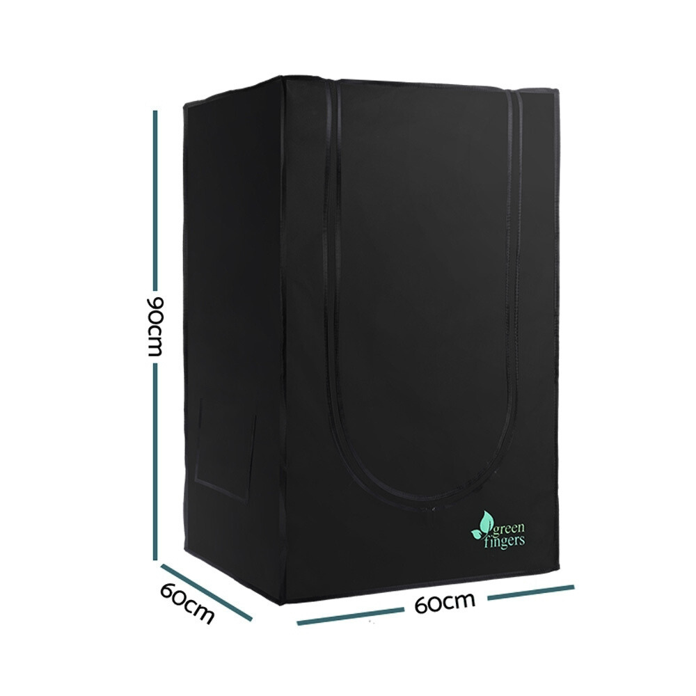 Black grow tent with dimensions and 'Green Fingers' branding on a white background