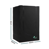 Black grow tent with dimensions and 'Green Fingers' branding on a white background