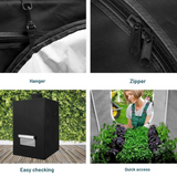 Product features including a hanger, zipper, and usage scenario with a person in a garden.
