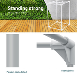 Metal support structure on a wooden deck with text highlighting 'standing strong' and 'sturdy steel frame'.