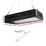 Black rectangular LED light with dimensions and hanging kit on a white background