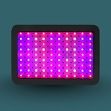 LED grow light with a grid of pink and white lights on a dark green background