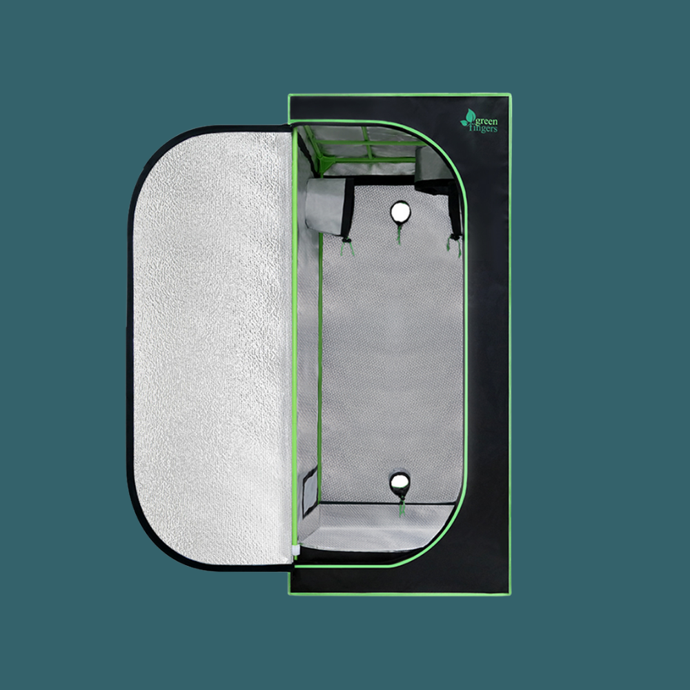 Green tent with open door on a green background
