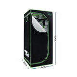 Black grow tent with green trim and dimensions labeled on a white background