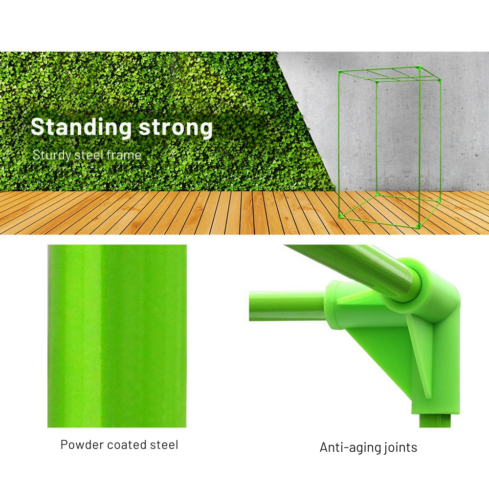 Green metal frame with text highlighting sturdiness and features on a white background