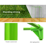 Green metal frame with text highlighting sturdiness and features on a white background