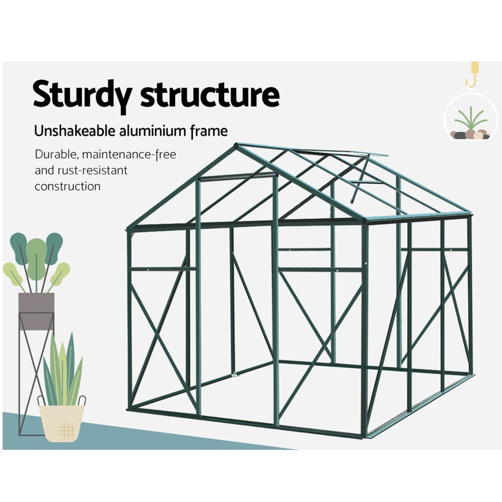 "Diagram showcasing the sturdy aluminium frame of a greenhouse, highlighting its durable, maintenance-free, and rust-resistant construction."