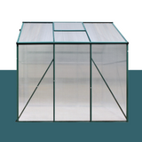 "Side view of a polycarbonate greenhouse with a durable aluminium frame, showcasing the spacious interior and structural design."