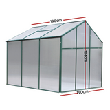 Dimensions of a walk-in polycarbonate greenhouse, featuring a sturdy aluminium frame,