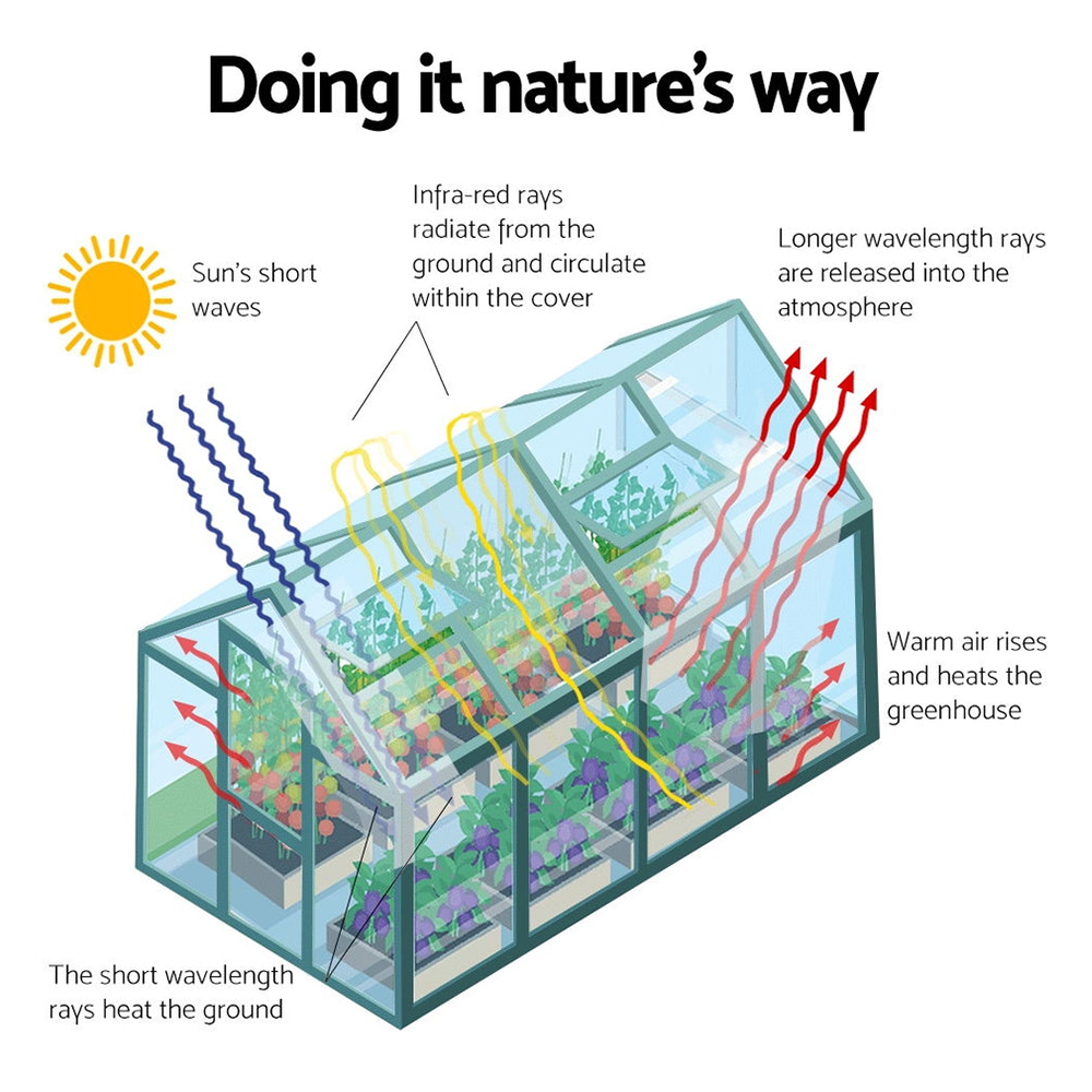 "Illustration of how a greenhouse traps the sun's shortwave radiation, heats the ground, and circulates warm air to create a stable growing environment."