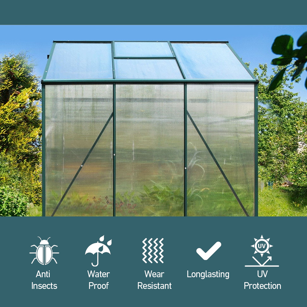 "Front view of a greenhouse with icons highlighting its features: anti-insect, waterproof, wear-resistant, long-lasting, UV protection."