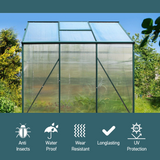 "Front view of a greenhouse with icons highlighting its features: anti-insect, waterproof, wear-resistant, long-lasting, UV protection."