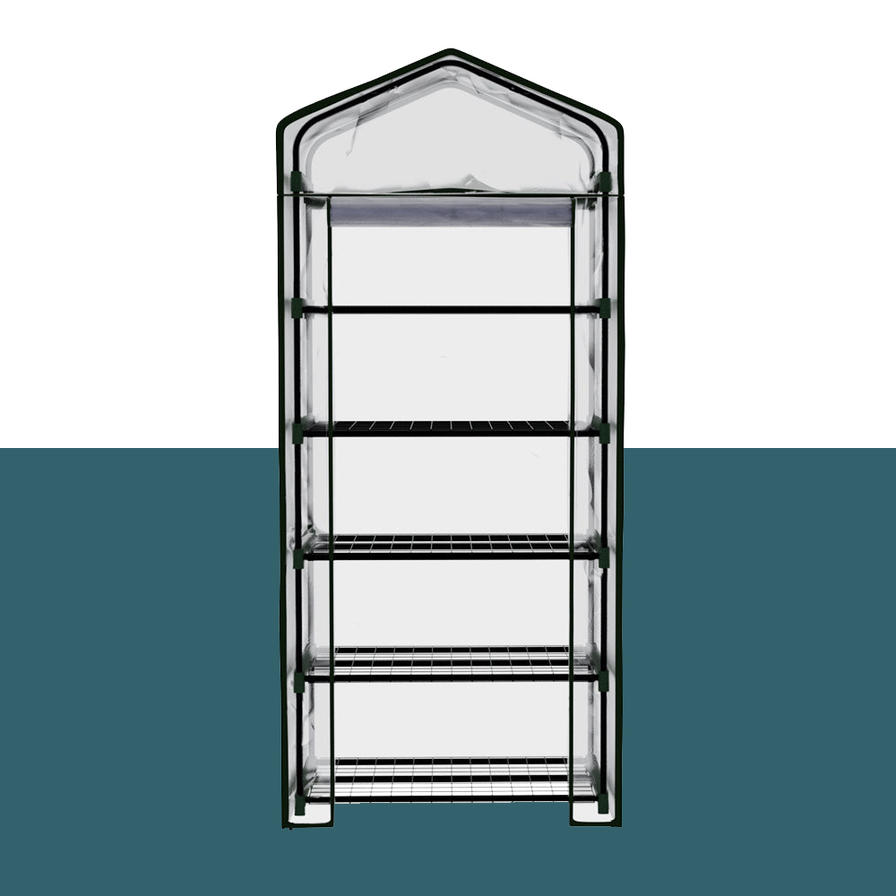 "Front view of a small, portable greenhouse with multiple wire shelves and a clear cover, ideal for compact spaces and plant protection."