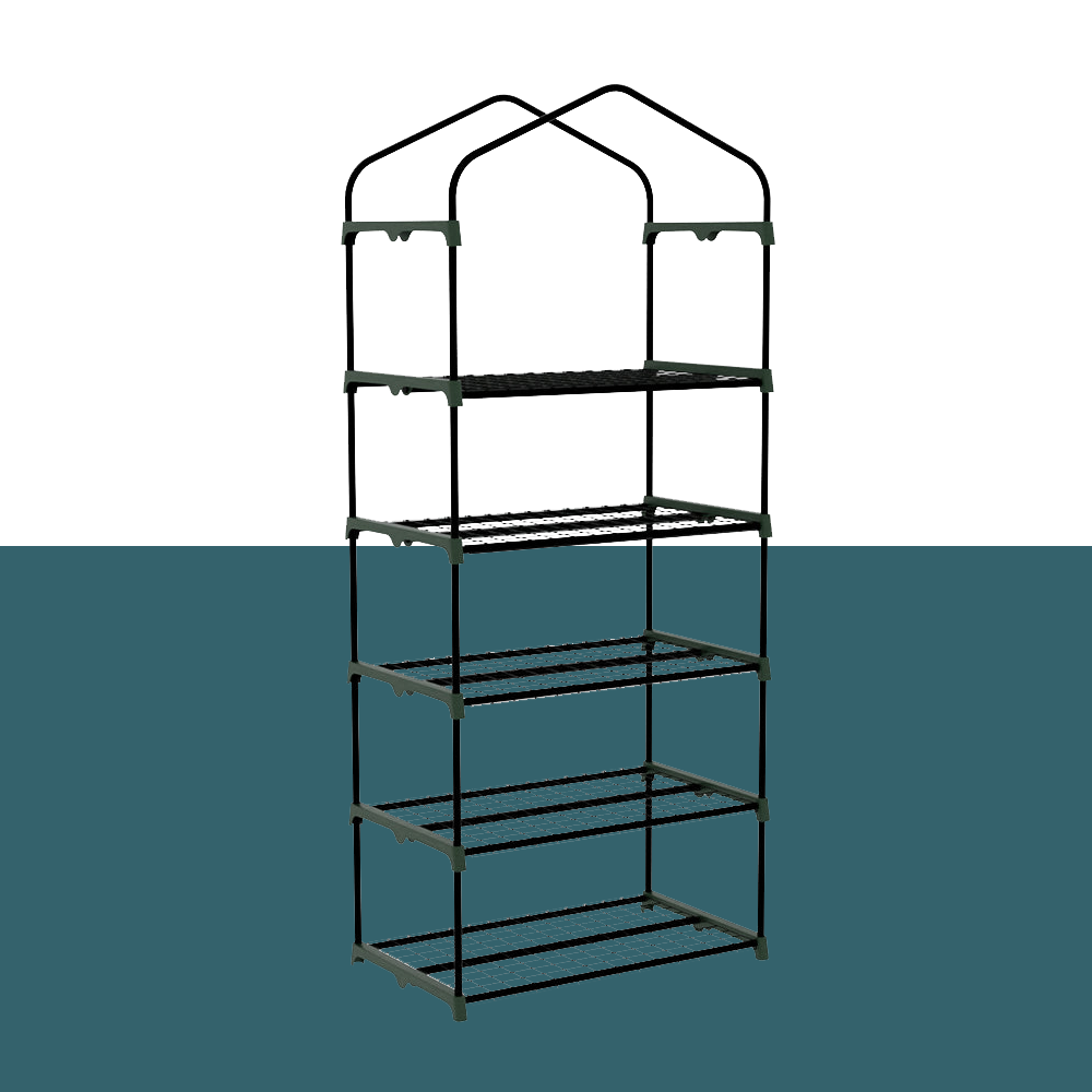 "Front view of a small, portable greenhouse with multiple wire shelves, ideal for compact spaces and plant protection."