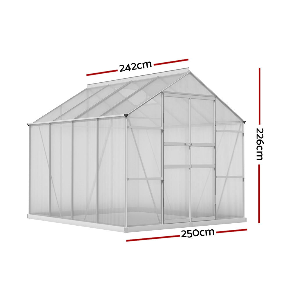 "Dimensions of a walk-in polycarbonate greenhouse, featuring a sturdy aluminium frame, with measurements of 242cm x 250cm x 226cm."