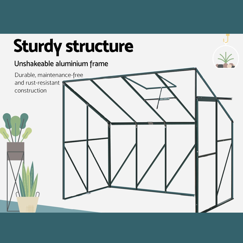 "Diagram showcasing the sturdy aluminium frame of a greenhouse, highlighting its durable, maintenance-free, and rust-resistant construction."