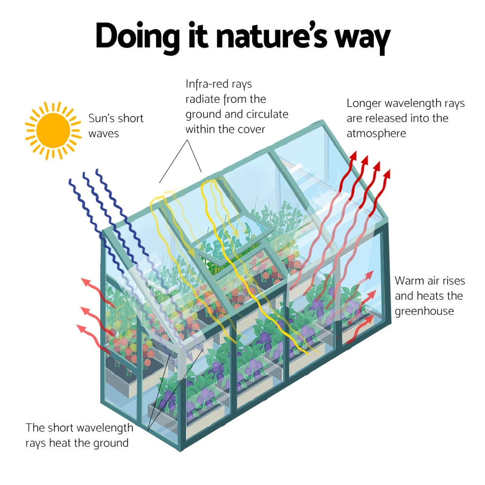 "Illustration of how a greenhouse traps the sun's shortwave radiation, heats the ground, and circulates warm air to create a stable growing environment."