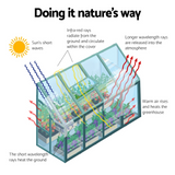 "Illustration of how a greenhouse traps the sun's shortwave radiation, heats the ground, and circulates warm air to create a stable growing environment."