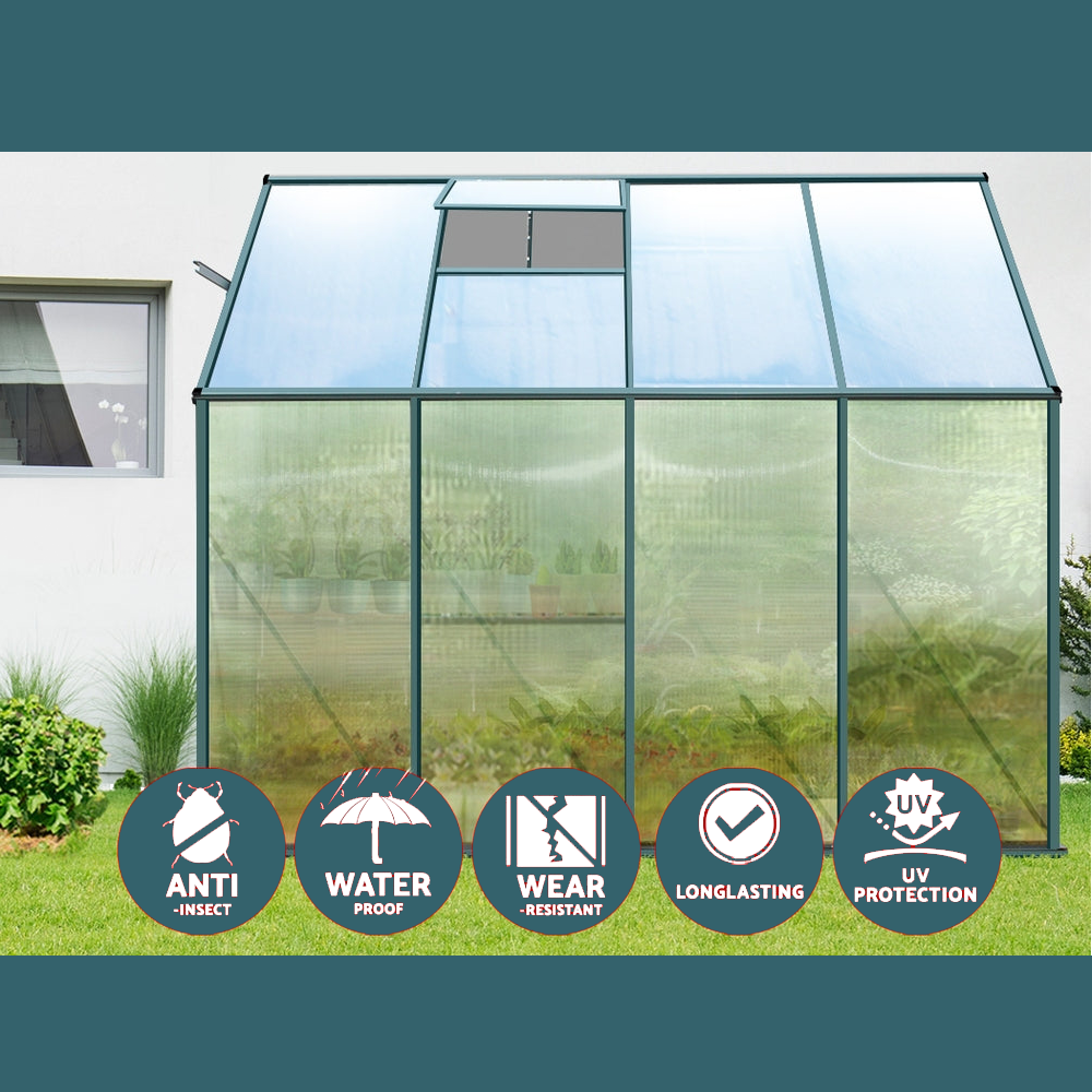 "Front view of a greenhouse with icons highlighting its features: anti-insect, waterproof, wear-resistant, long-lasting, UV protection."