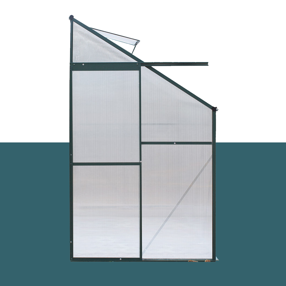 "Side view of a lean-to greenhouse showcasing its transparent polycarbonate panels and sturdy aluminium frame structure."