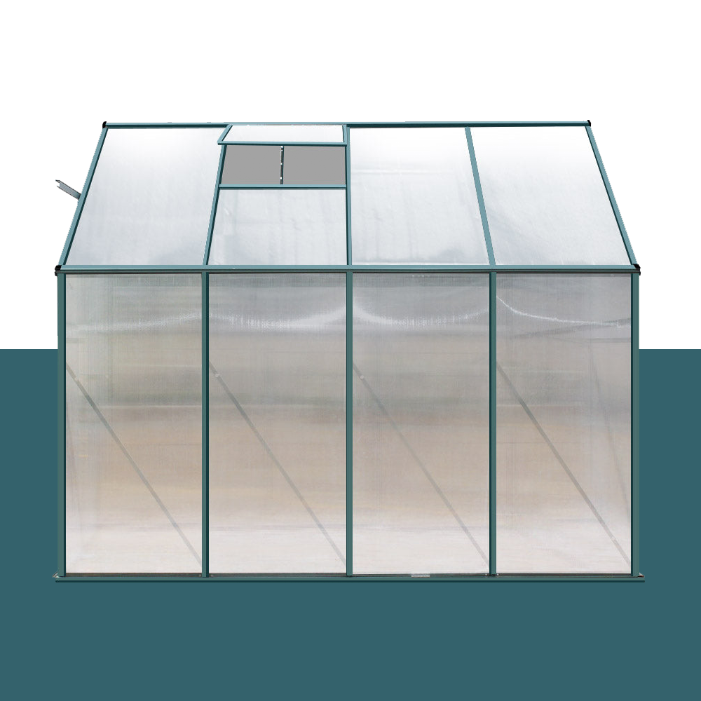 "Front view of a lean-to greenhouse with polycarbonate panels, highlighting the roof vent and sturdy aluminium frame structure."