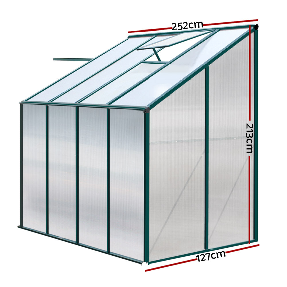 "Side view of a lean-to greenhouse with dimensions labeled, showcasing the height, width, and depth for installation reference."