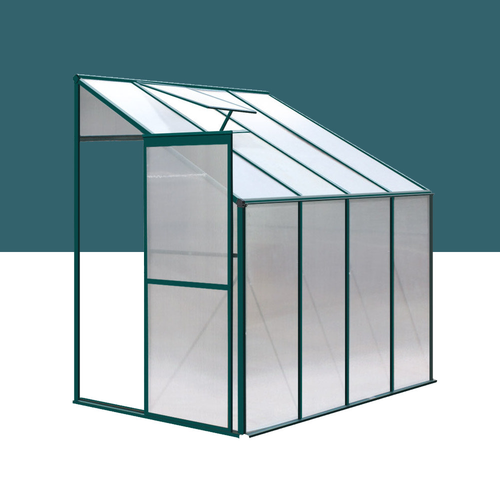 "Compact lean-to greenhouse with a sloped roof, featuring clear polycarbonate panels and a sturdy frame, ideal for small garden spaces."