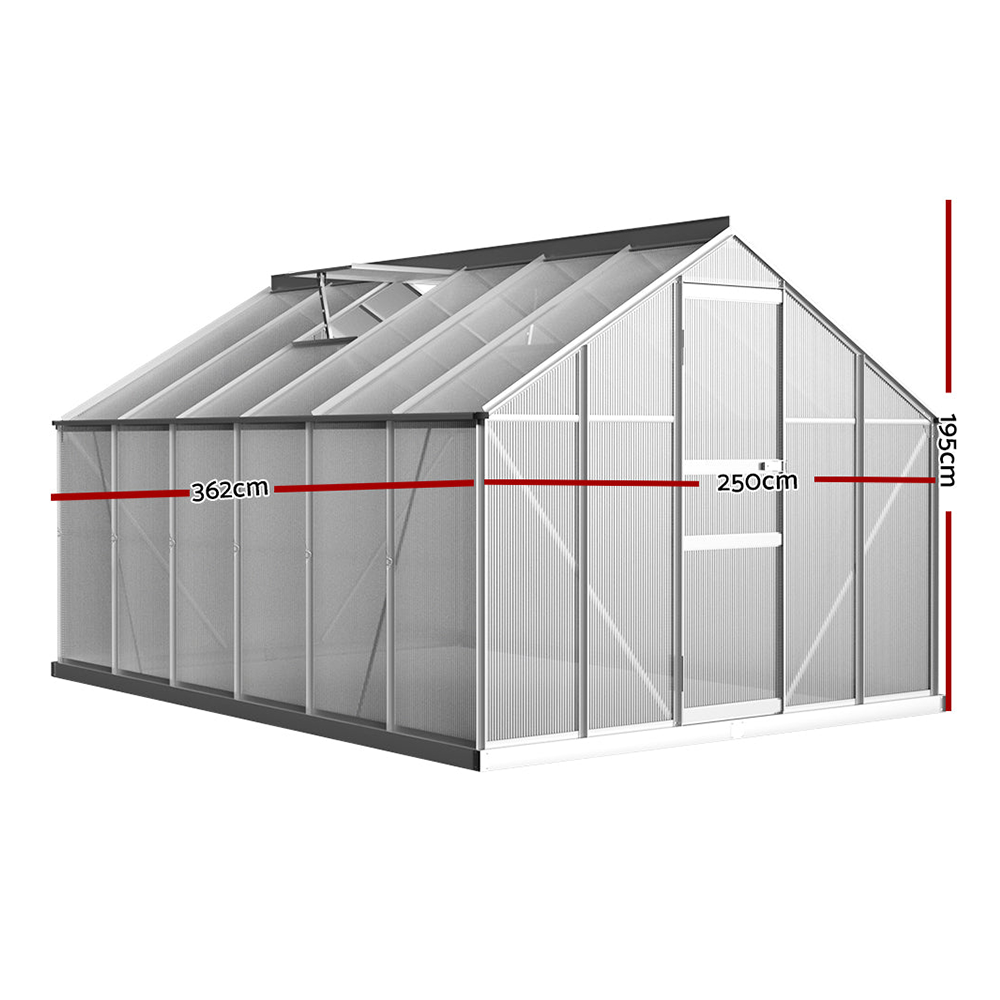 dimensions of Greenfingers 3.6 x 2.5 x 1.95M Aluminium Polycarbonate Walk In Greenhouse