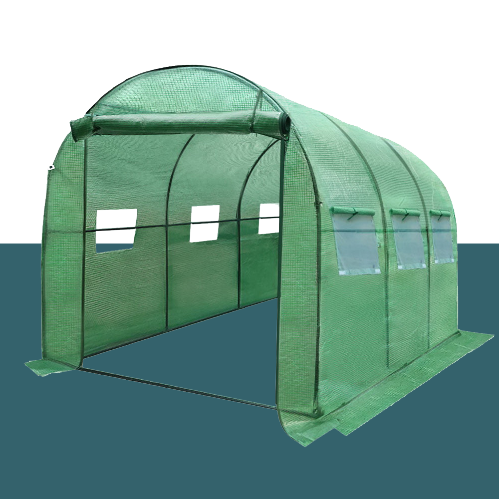 Similar to Image 2, it shows the standalone greenhouse structure, labelled "greenfingers-3-x-2-x-2m-steel-tunnel-walk-in-greenhouse-2". It highlights the side windows and roll-up doors, suitable for ventilation and easy access.




