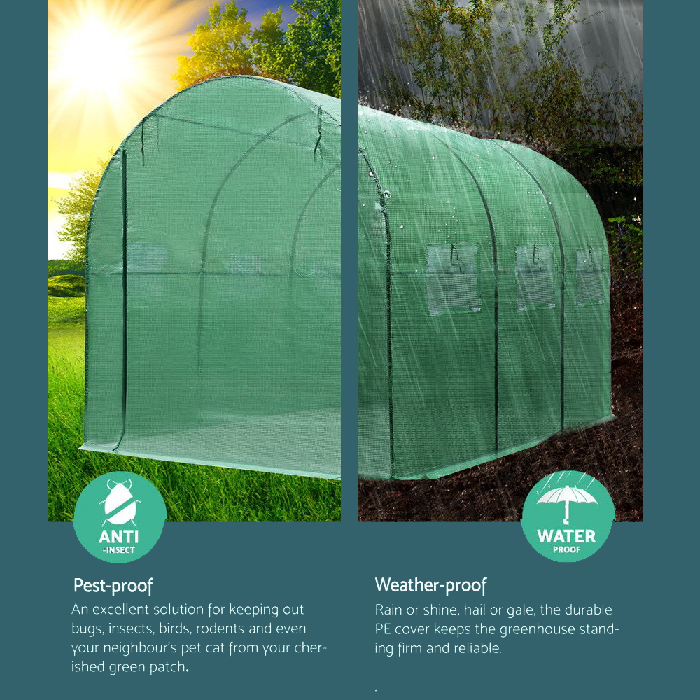 A promotional image labelled "greenfingers-3-x-2-x-2m-steel-tunnel-walk-in-greenhouse-4". It uses a split backdrop (sunny on one side, rainy on the other) to illustrate weatherproofing and pest-proofing capabilities. The greenhouse is described as durable and protective for plants.