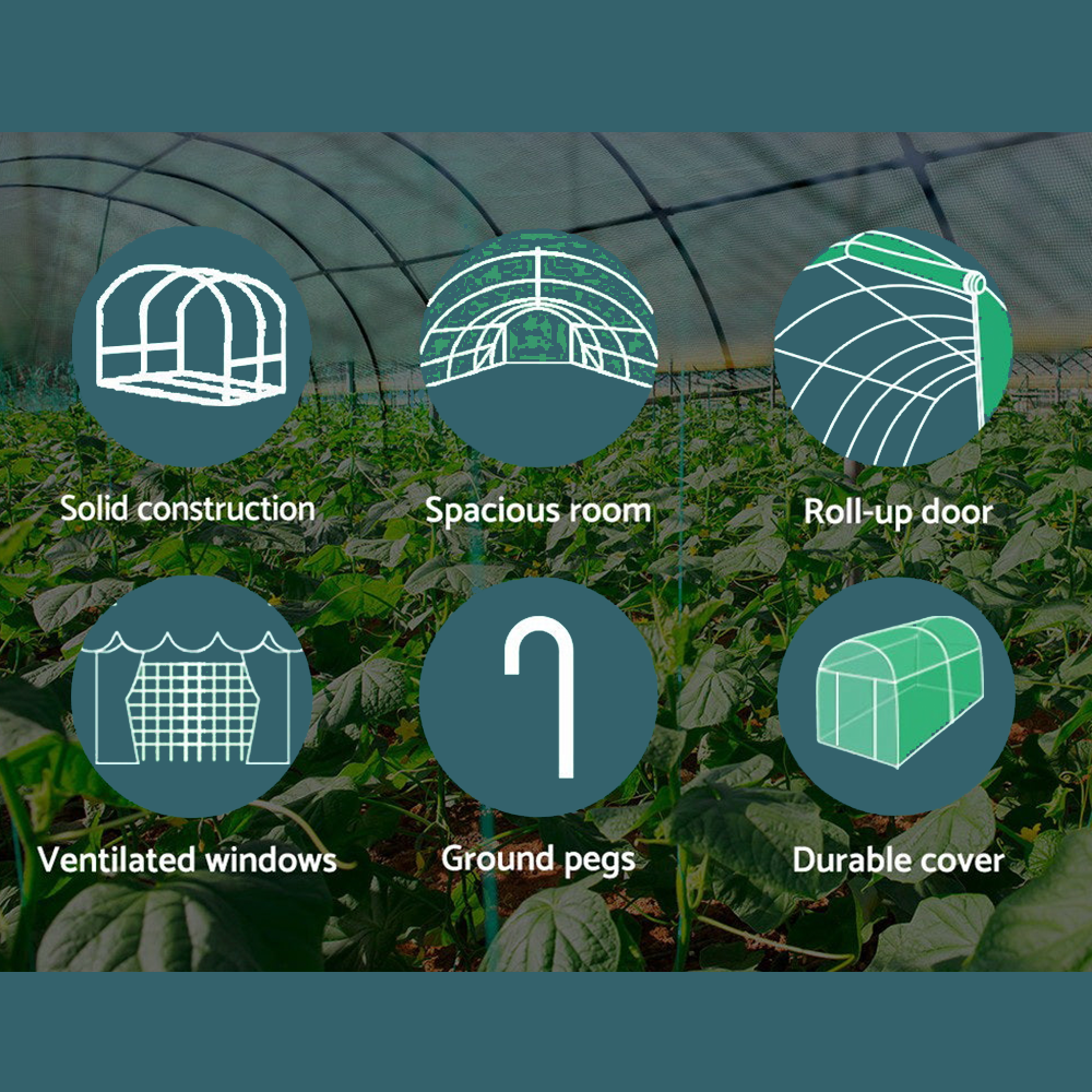 Highlights the features of the greenhouse through icons, labelled "greenfingers-3-x-2-x-2m-steel-tunnel-walk-in-greenhouse-5". Icons represent solid construction, spacious room, roll-up doors, ventilated windows, ground pegs, and a durable cover.