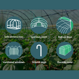 Highlights the features of the greenhouse through icons, labelled "greenfingers-3-x-2-x-2m-steel-tunnel-walk-in-greenhouse-5". Icons represent solid construction, spacious room, roll-up doors, ventilated windows, ground pegs, and a durable cover.