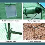 Features close-up details of the greenhouse, labelled "greenfingers-3-x-2-x-2m-steel-tunnel-walk-in-greenhouse-6". It highlights key components such as built-in insect screen windows, roll-up zipper doors, ground pegs, and straps for secure installation.