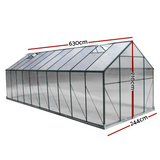 A large aluminium polycarbonate greenhouse with measurements: 630cm long, 244cm wide, and 210cm high, displayed in a garden.