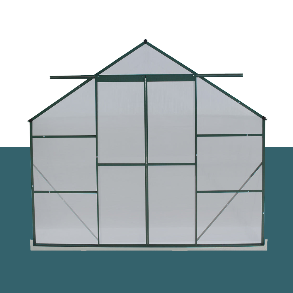 A front view of an aluminium polycarbonate greenhouse, focusing on the detailed frame and design, set against a solid background.