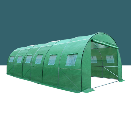 A large green walk-in greenhouse tunnel with multiple side windows and a roll-up door. It features a sturdy metal frame covered with a durable green mesh polyethylene material.

